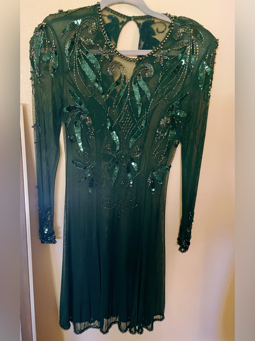 Handmade Beaded and Sequined Dark Green Mesh Dress